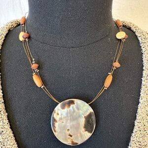Abalone Shell Pendant Necklace Boho Wood Bead Multi Strand Earthy Pendant